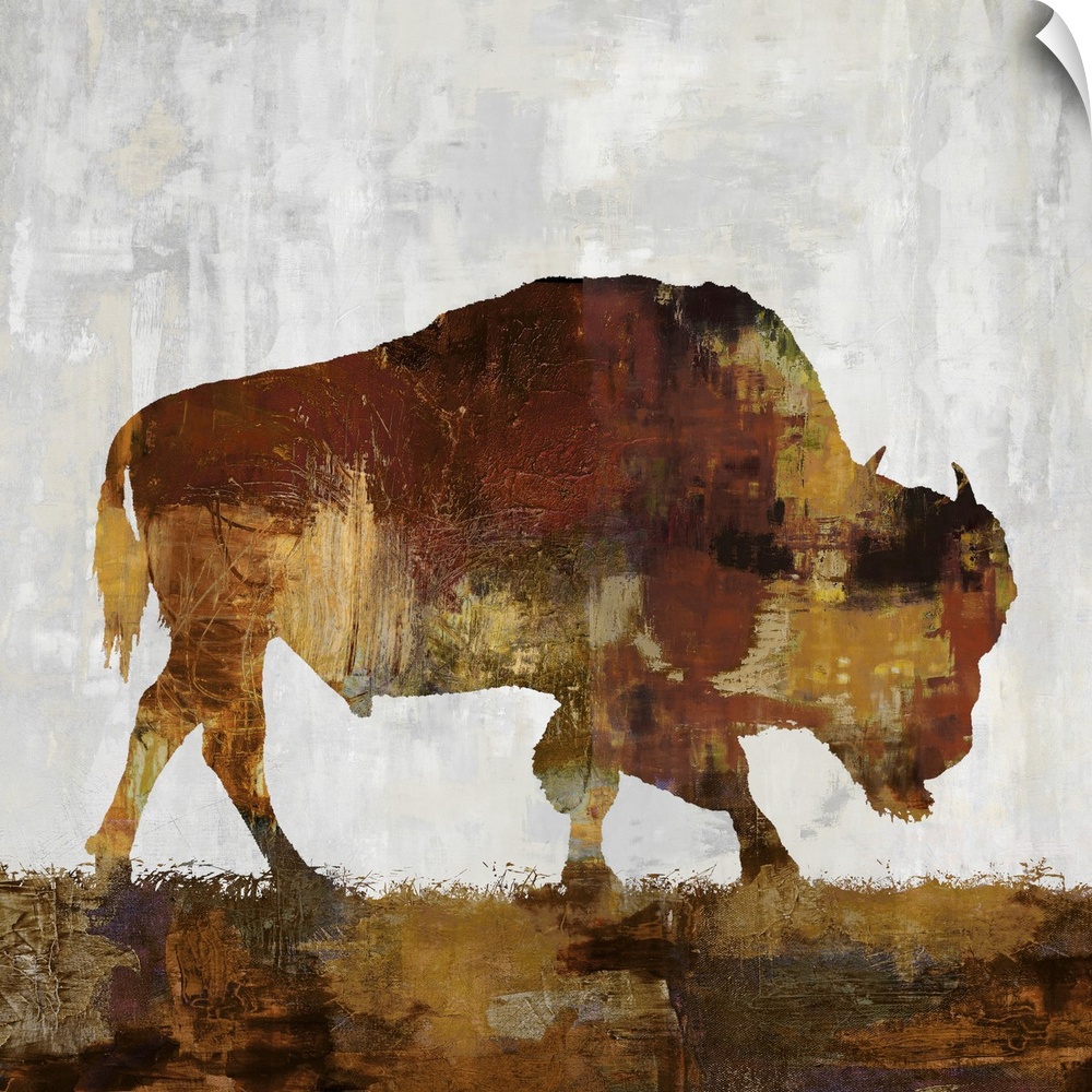 Square decor with a brown and gold silhouette of a bison on a gray, tan, and white background.