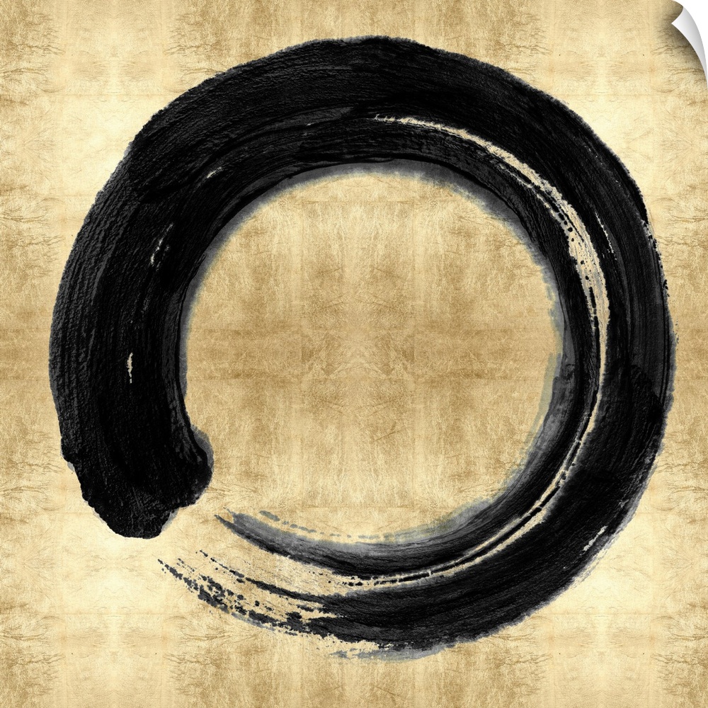 This Zen artwork features a sweeping circular brush stroke in black over a mottled gold color background.