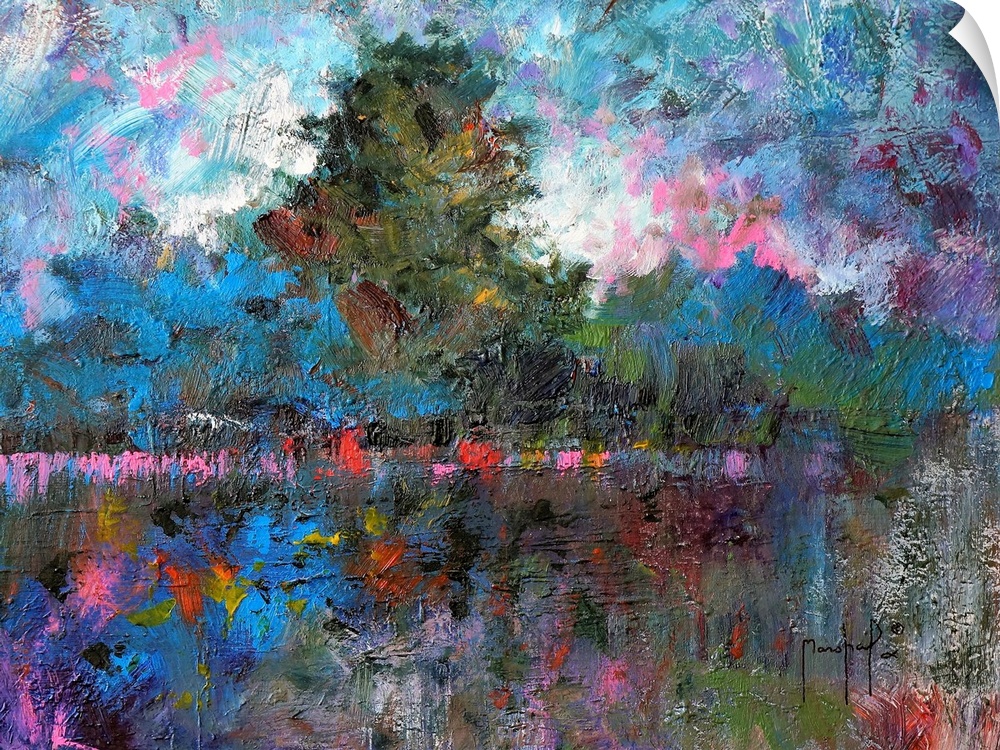 Abstract painting of a tree lined landscape covered in bright pops of pink, red, purple, blue, and yellow.