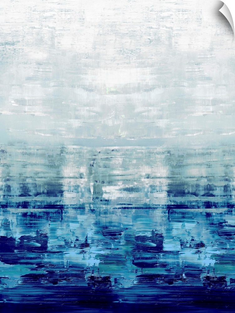 Contemporary artwork featuring bold brush strokes in shades of blue over a white distressed background.