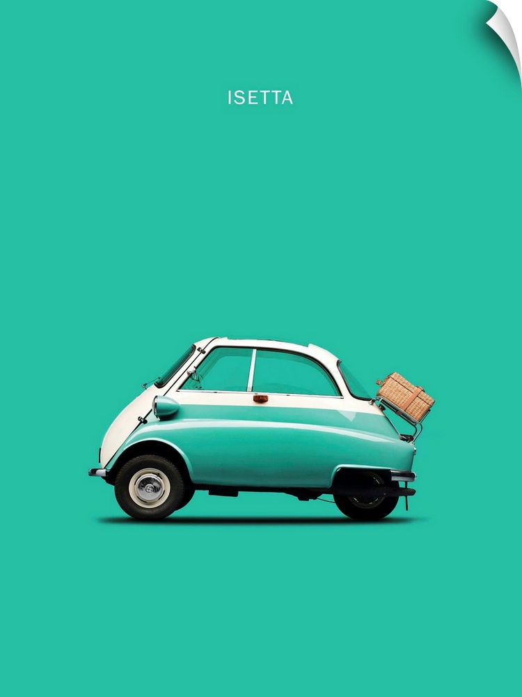 Photograph of a teal BMW Isetta 300 printed on a teal background