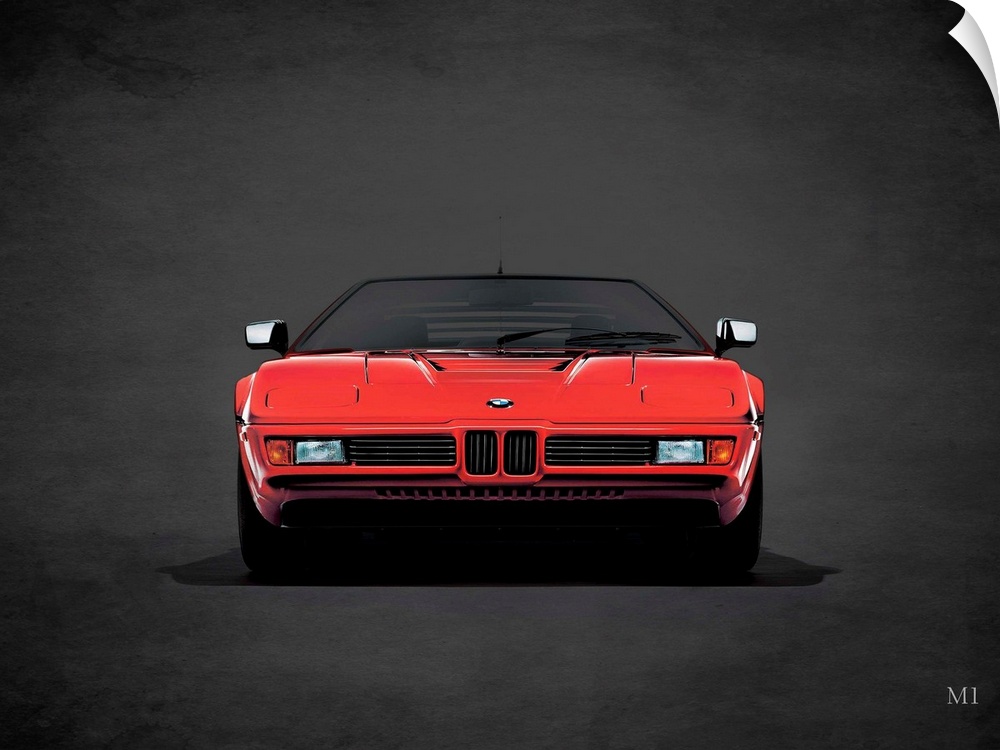 Photograph of a red 1979 BMW M1 printed on a black background with a dark vignette.