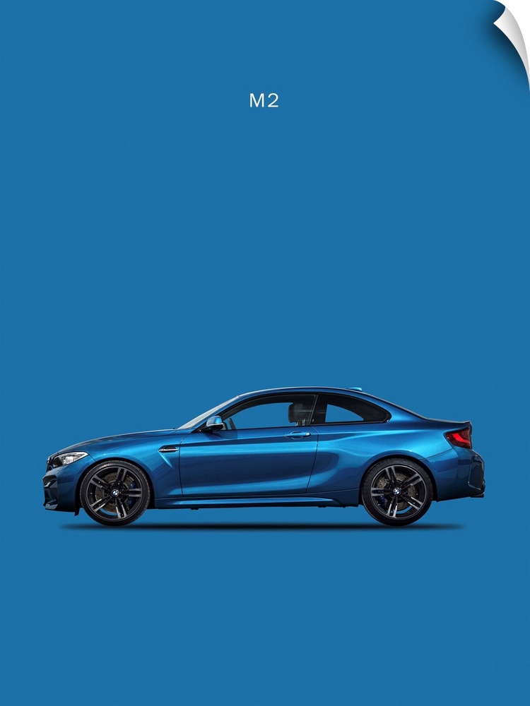 Photograph of a blue BMW M2 printed on a blue background