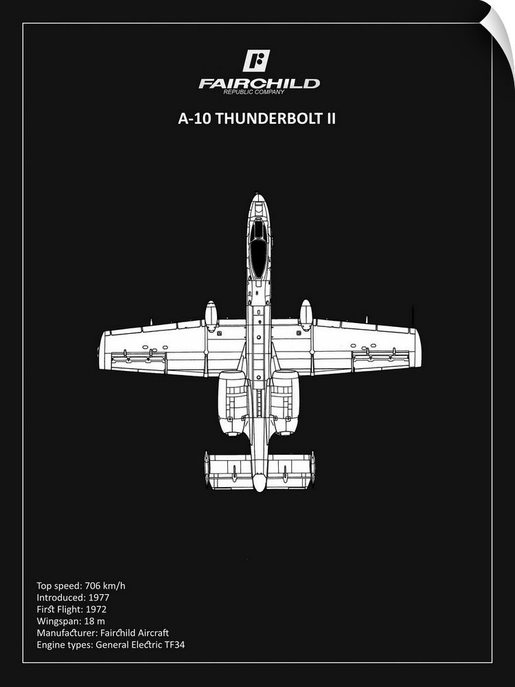 Black and white diagram of a BP A-10 Thunderbolt 2 with written information at the bottom, on a black background.