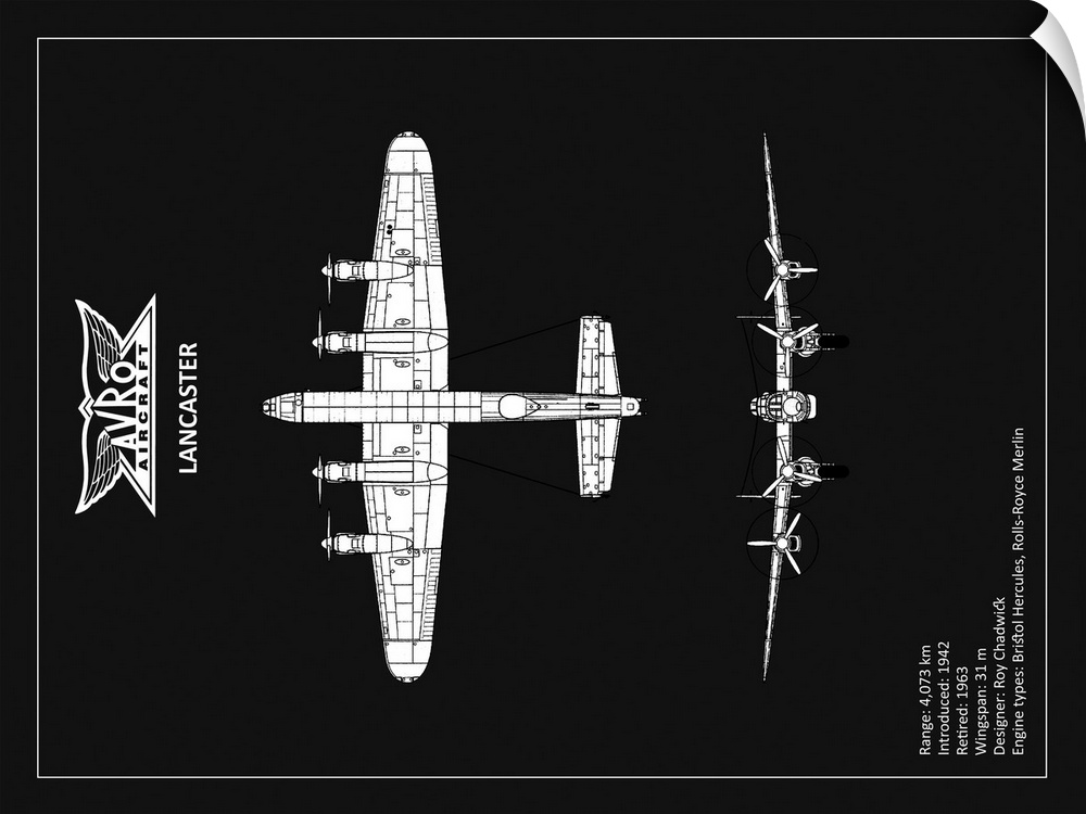 Black and white diagram of a BP Avro Lancaster with written information at the bottom, on a black background.