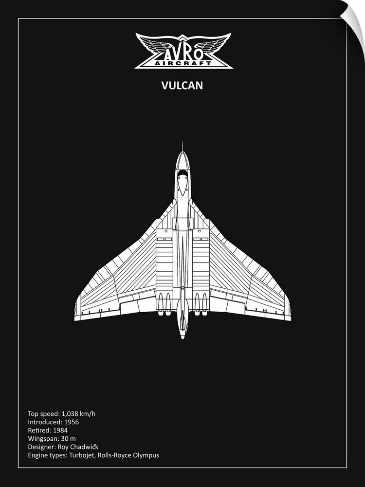 Black and white diagram of a BP Avro Vulcan with written information at the bottom, on a black background.