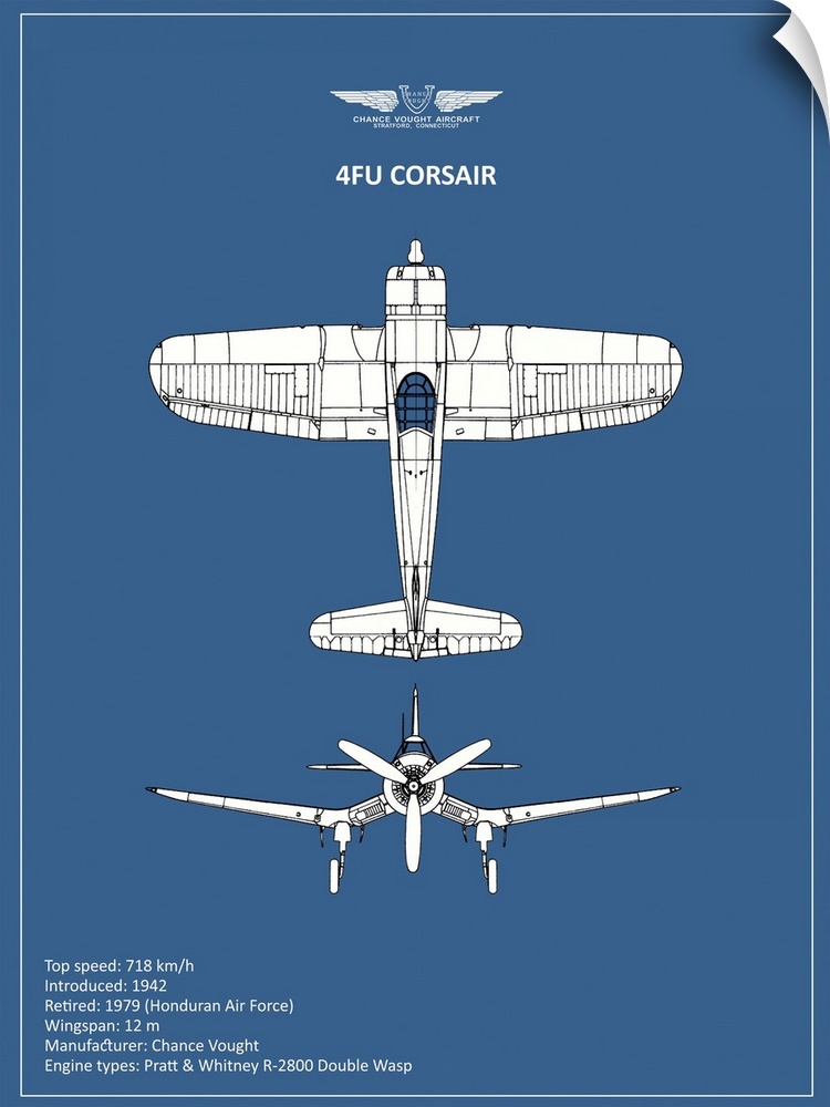 Black and white diagram of a BP CV F4U-Corsair with written information at the bottom, on a blue background.