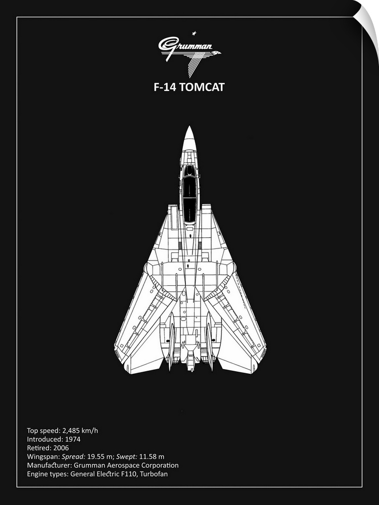 Black and white diagram of a BP F-14-Tomcat with written information at the bottom, on a black background.