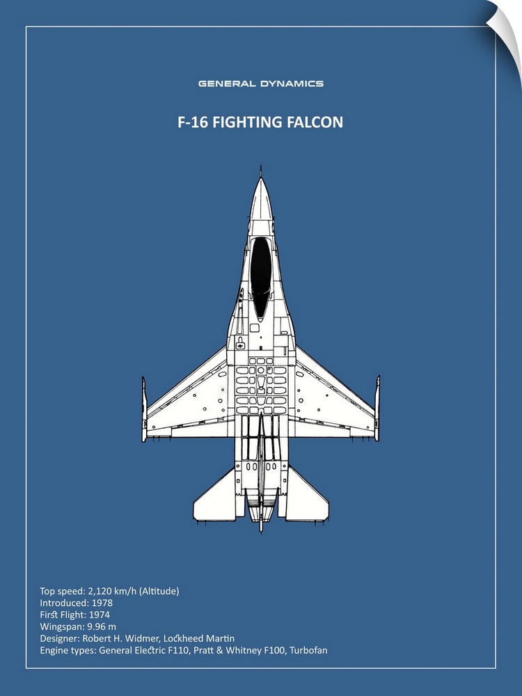 Black and white diagram of a BP F-16 Fighting Falcon with written information at the bottom, on a blue background.