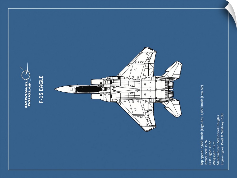 Black and white diagram of a BP F15 Eagle with written information at the bottom, on a blue background.