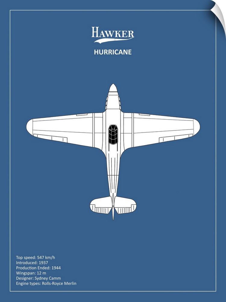 Black and white diagram of a BP Hawker Hurricane with written information at the bottom, on a blue background.