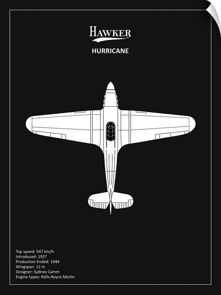 Black and white diagram of a BP Hawker Hurricane with written information at the bottom, on a black background.