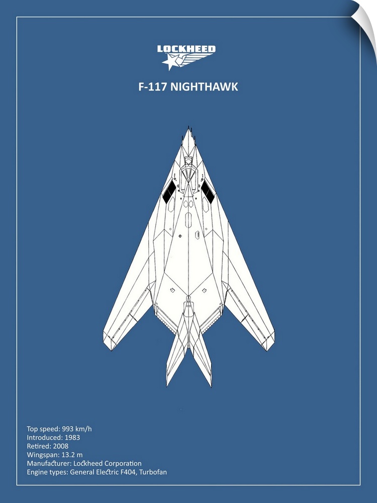 Black and white diagram of a BP LOCKHEED F117 Nighthawk with written information at the bottom, on a blue background.