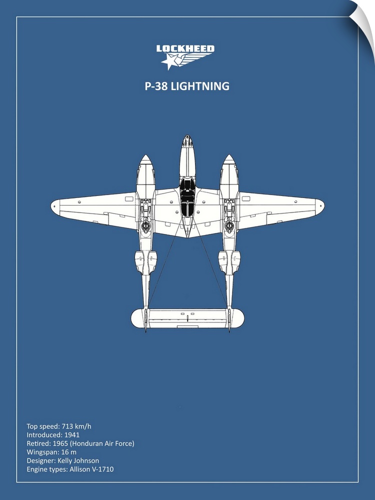 Black and white diagram of a BP Lockheed P38 Lightning with written information at the bottom, on a blue background.