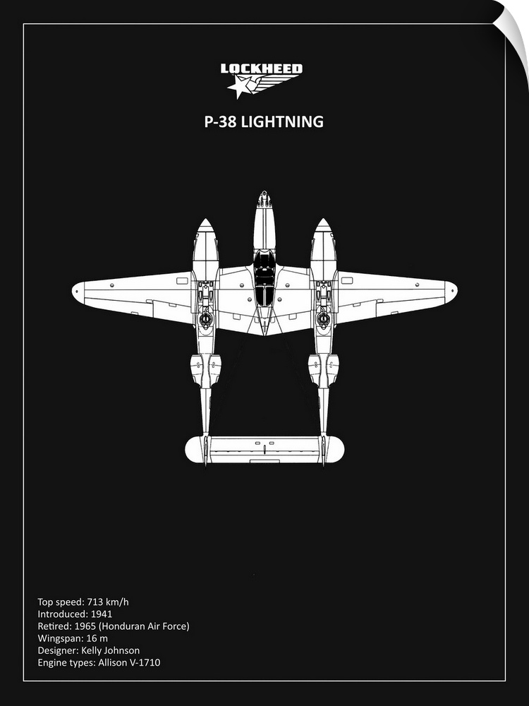 Black and white diagram of a BP Lockheed P38 Lightning with written information at the bottom, on a black background.