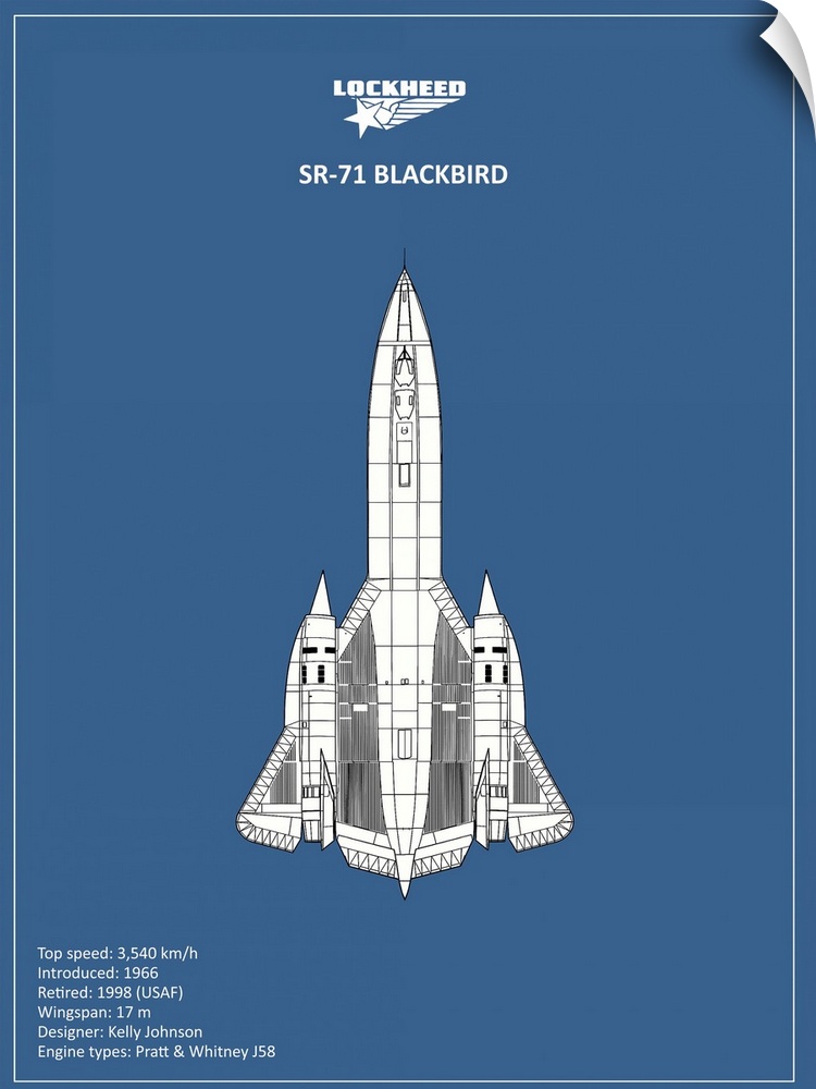 Black and white diagram of a BP LOCKHEED SR-71 with written information at the bottom, on a blue background.