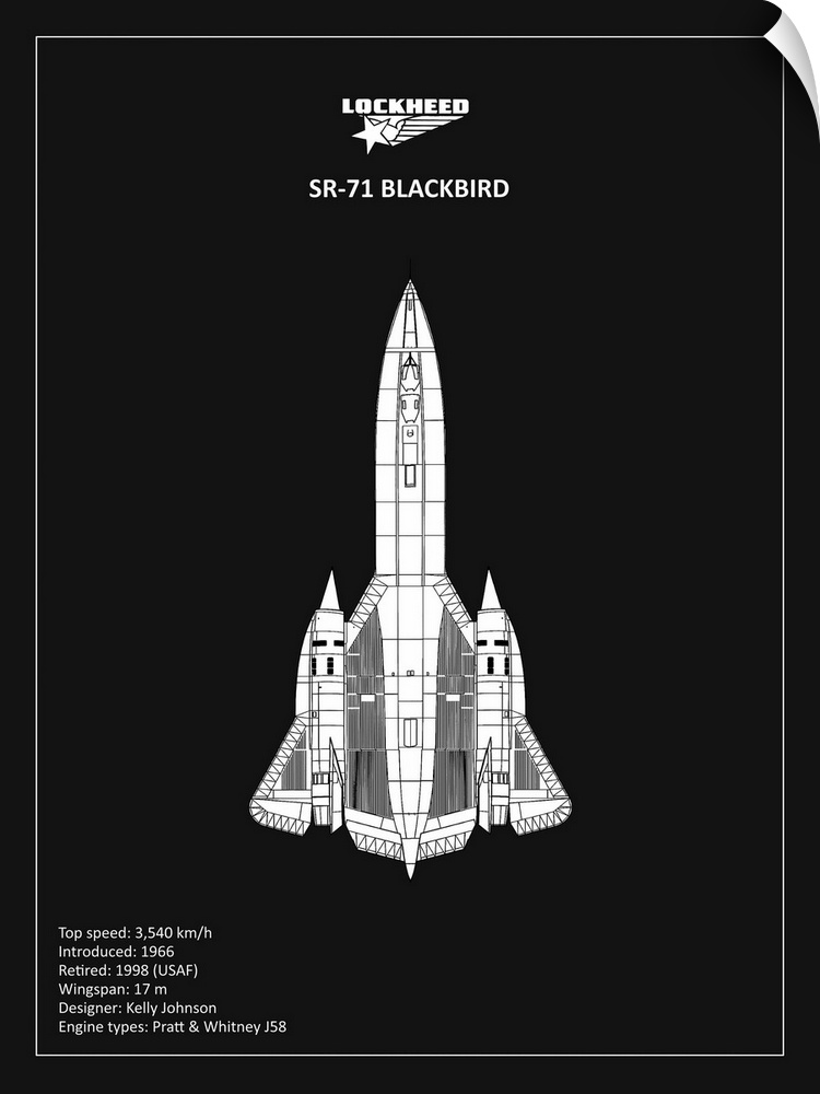Black and white diagram of a BP LOCKHEED SR-71 with written information at the bottom, on a black background.