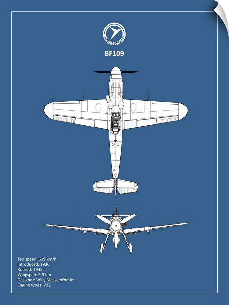 Black and white diagram of a BP Messerschmitt ME 109 with written information at the bottom, on a blue background.