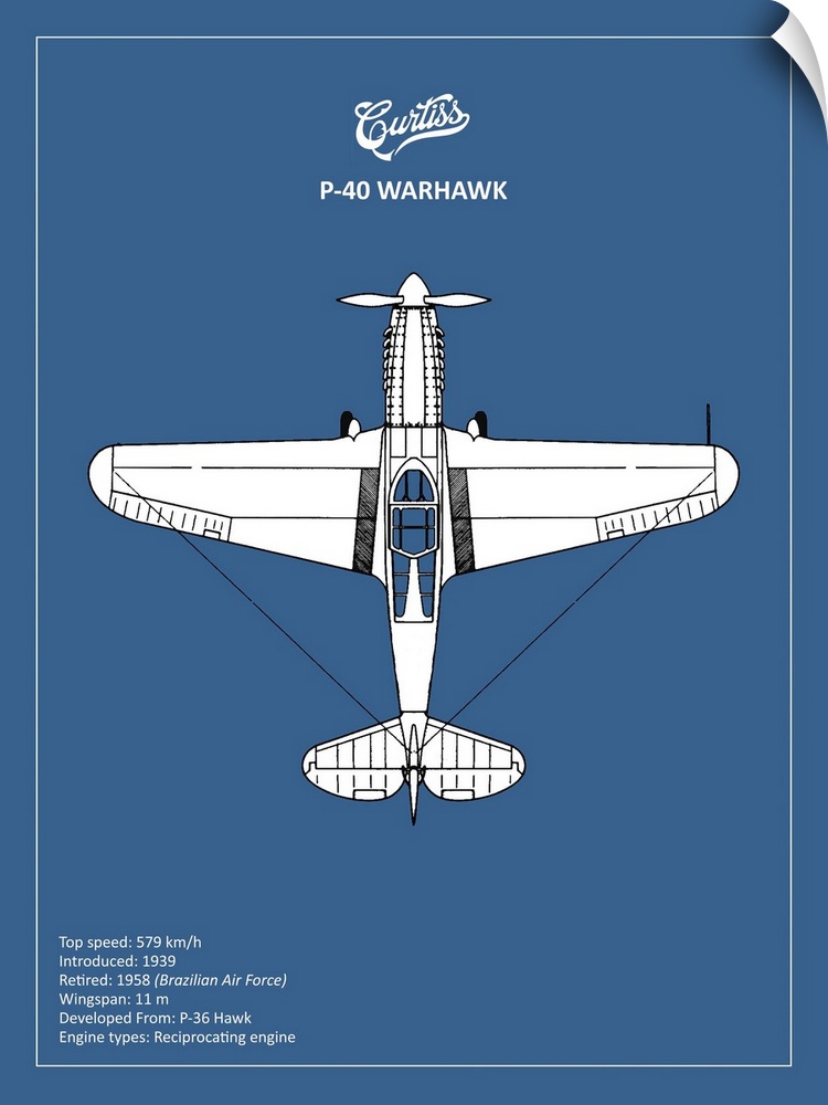 Black and white diagram of a BP P-40 Warhawk with written information at the bottom, on a blue background.
