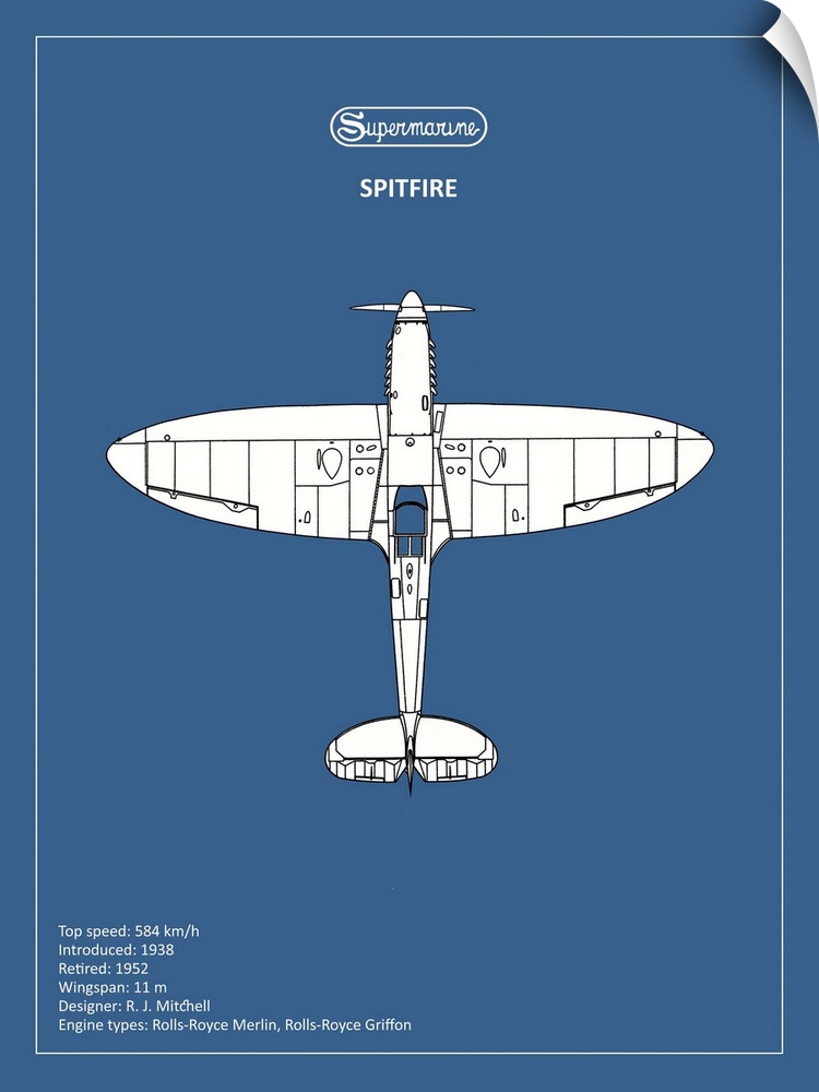 Black and white diagram of a BP Supermarine Spitfire with written information at the bottom, on a blue background.