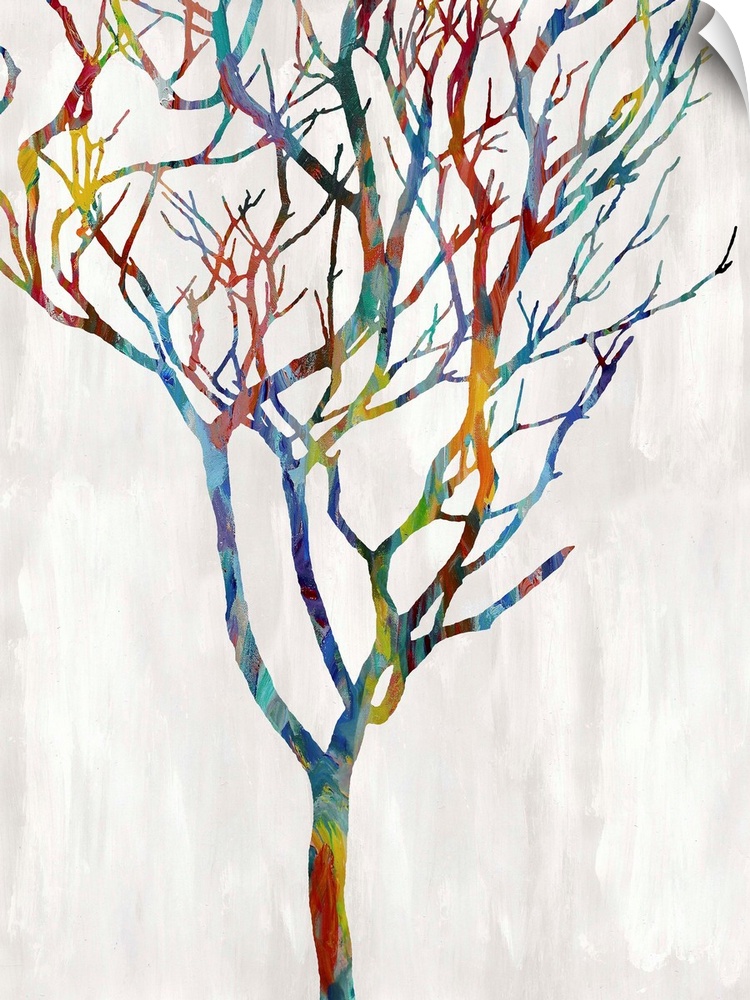 Colorful silhouette of a leafless tree on a white and gray background.