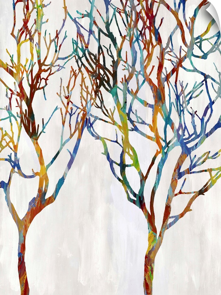Colorful silhouettes of two leafless trees on a white and gray background.