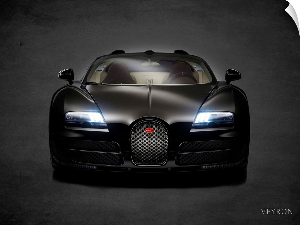 Photograph of a black Bugatti Veyron printed on a black background with a dark vignette.