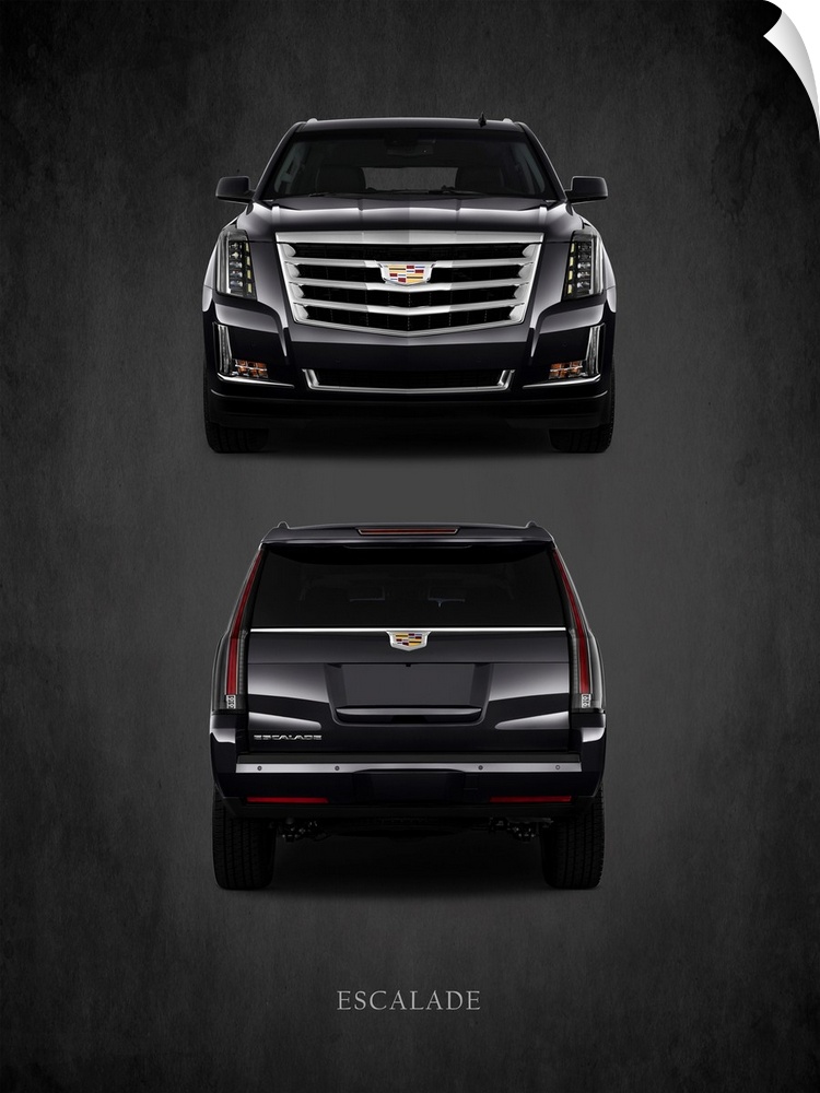 Photograph of the front and back of a black Cadillac Escalade printed on a black background with a dark vignette.