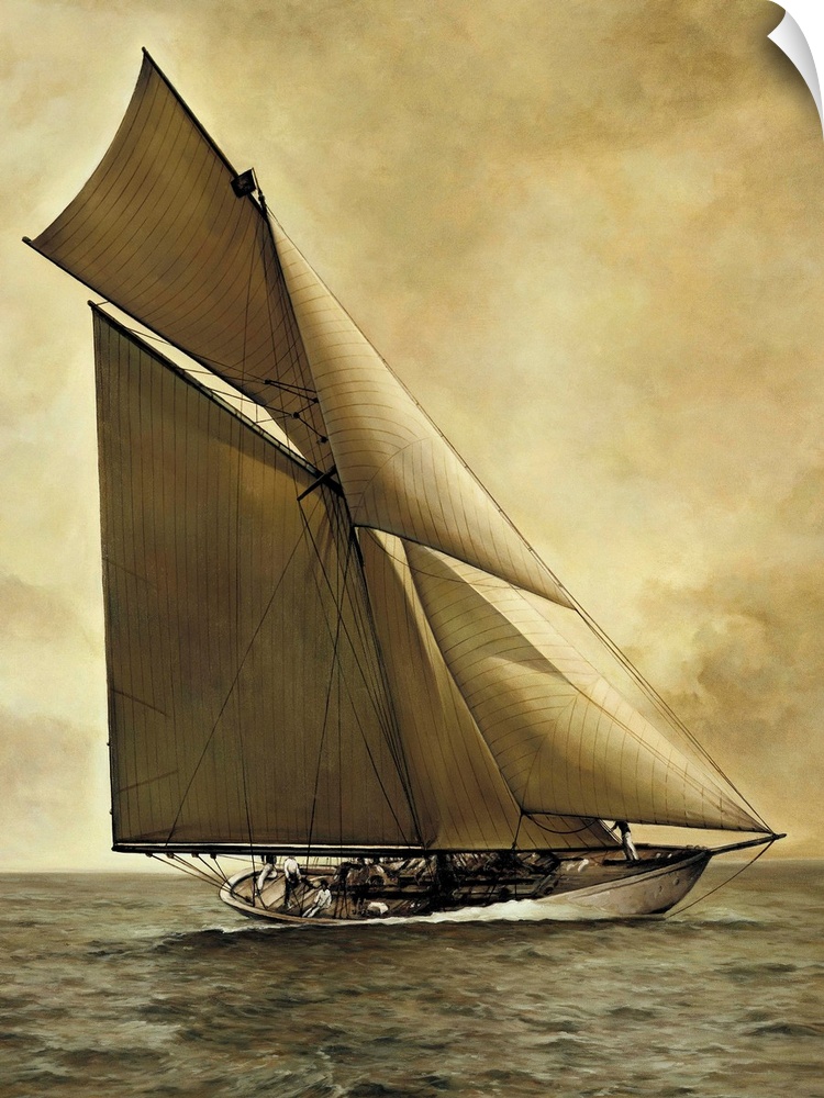 Contemporary painting of a sailboat in the middle of the ocean with sepia tones.