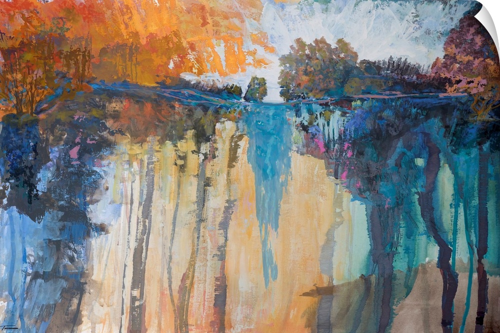 Abstract landscape painting with vibrant dripping hues forming a lake surrounded by trees.