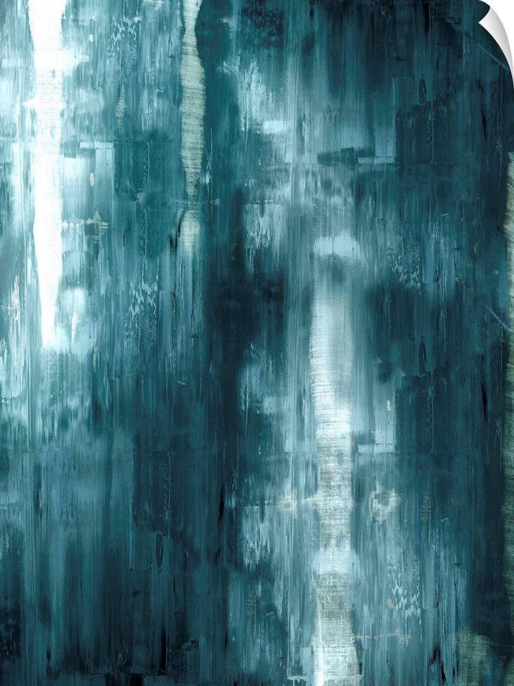 Vertical abstract painting with dark teal hues mixed in with white streaking down the canvas.
