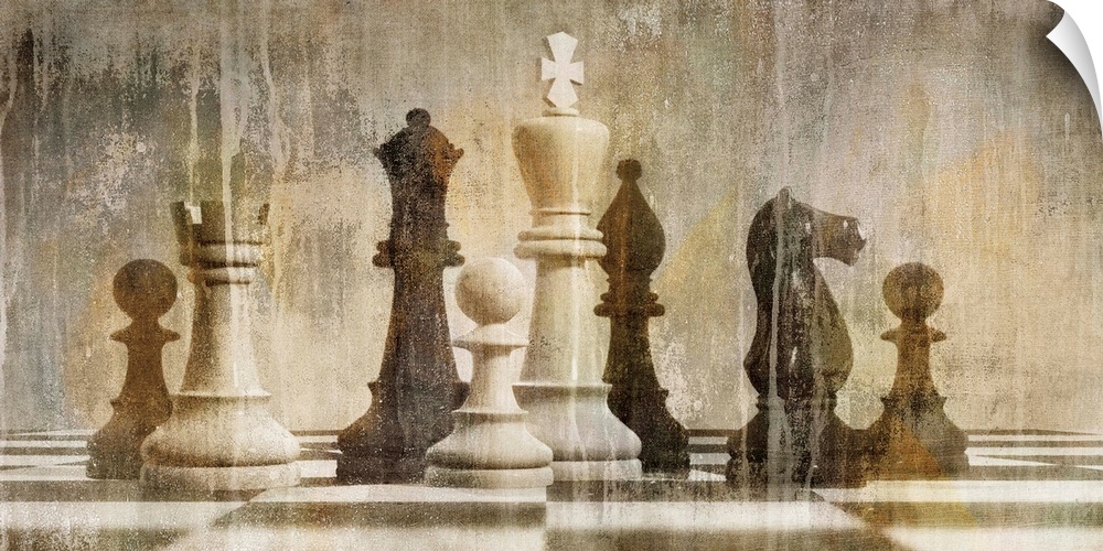Antique aged decor of a chess board and pieces in sepia and black and white tones.