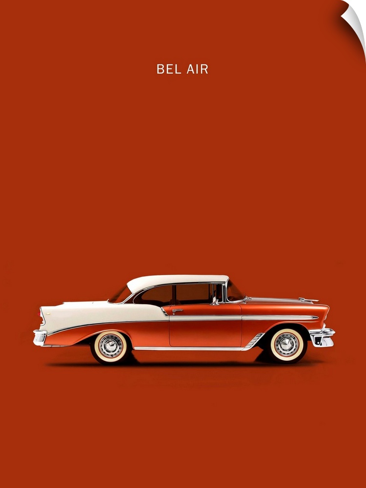 Photograph of a rust orange and white Chev Belair 56 printed on a rust orange background