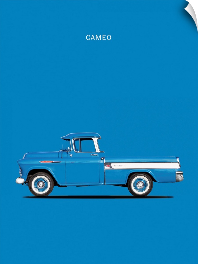 Photograph of a blue and white Chevrolet Cameo Pickup 1957 Bl printed on a blue background