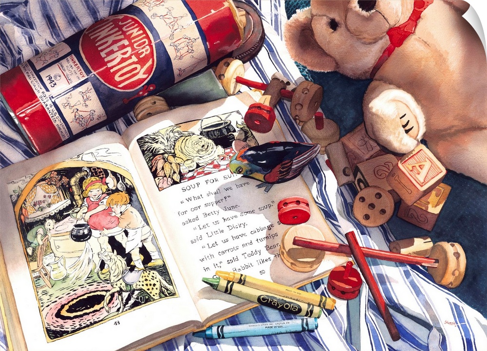 Still life watercolor painting of a children's book surrounded by toys.