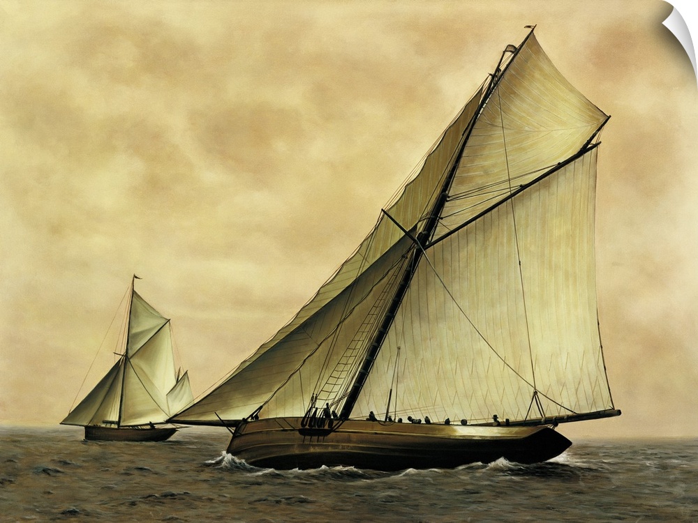 Contemporary painting of sailboats in the middle of the ocean with the wind blowing to the right.