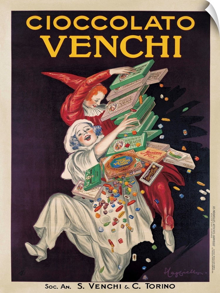 Vintage advertisement of clowns for Venchi, an Italian gourmet chocolate manufacturer.