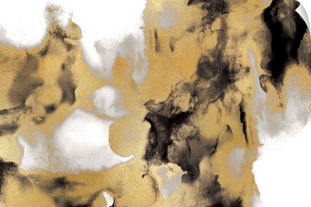 Abstract painting with black, gray, and metallic gold on a white background.