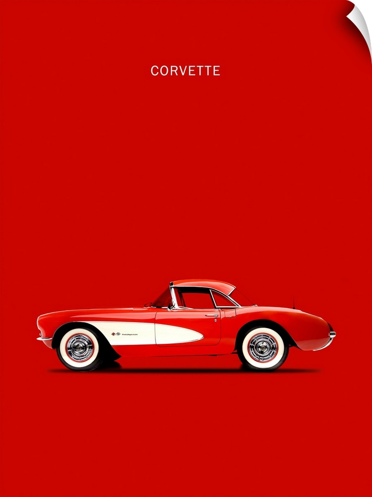 Photograph of a red and white Corvette 1957 printed on a red background