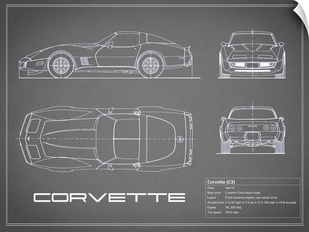 Antique style blueprint diagram of a Corvette C3 printed on a Grey background.