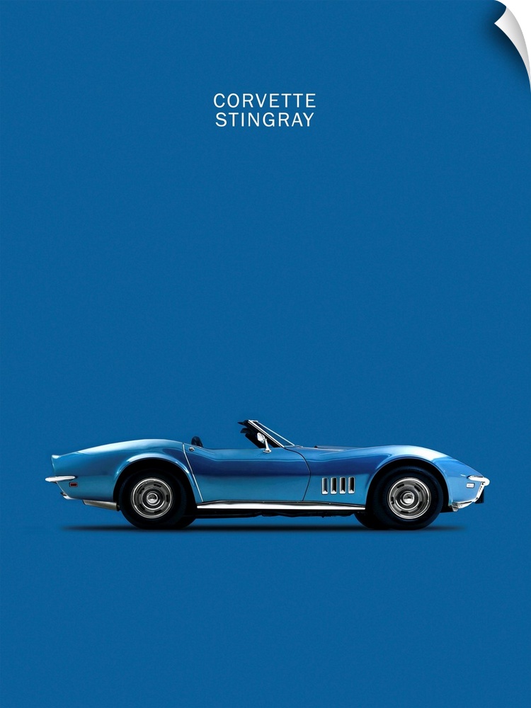 Photograph of a blue Corvette Stingray printed on a blue background