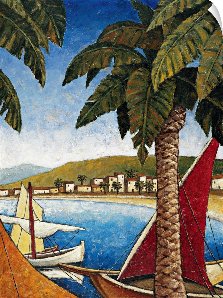 Contemporary painting of sailboats docked in a harbor with a village in the background and palm trees in the foreground.