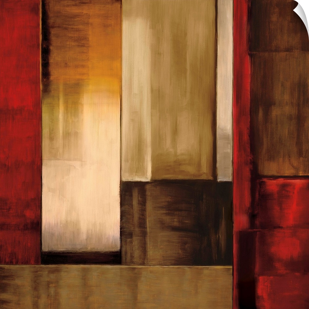 Square abstract art created with rectangular shapes puzzled together in shades of red, orange, white, and brown.