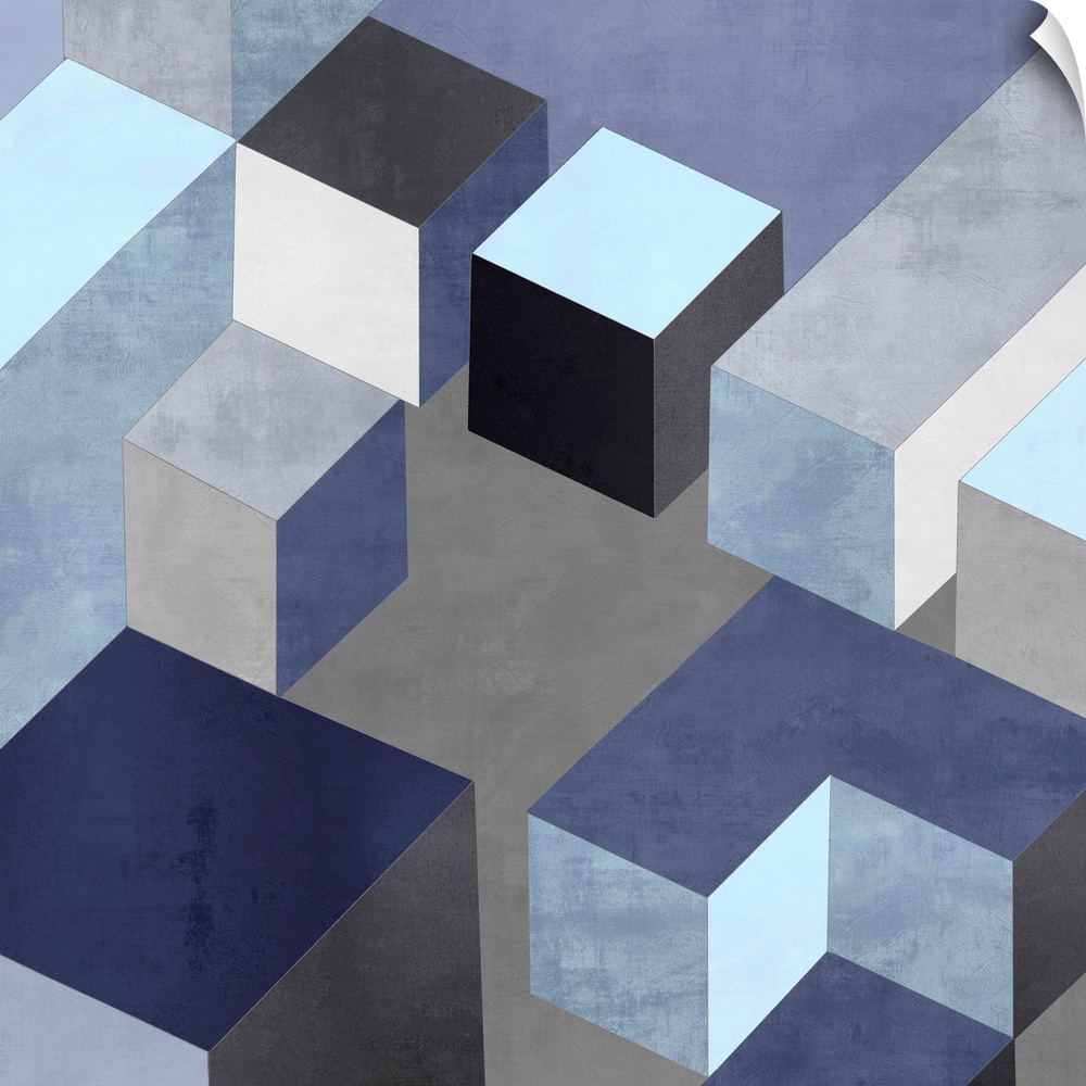 Abstract square art created with black, white, silver, and blue squares creating 3D looking cubes and rectangles.