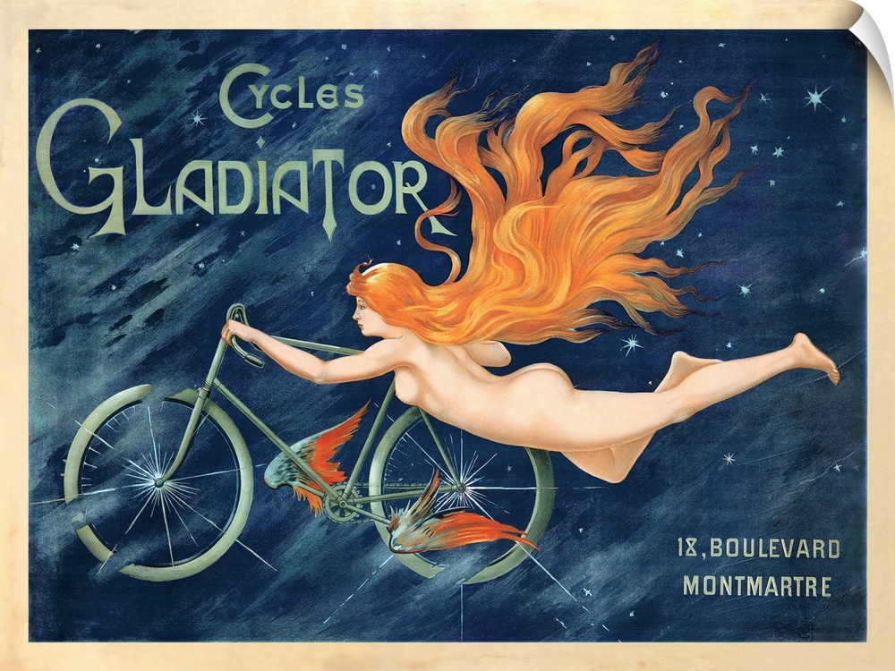 Vintage wall art advertisement for Cycles Gladiator of a nude woman with long flowing hair, holding onto a bicycle.