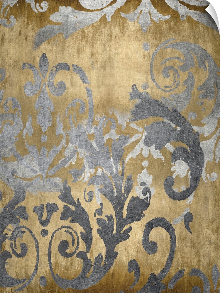 Contemporary artwork featuring silver damask designs over a distressed background with a foil texture throughout.