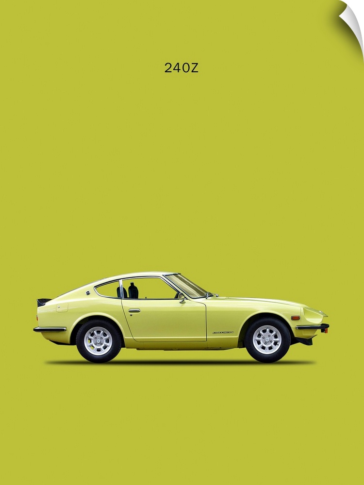 Photograph of a lime green Datsun 240Z 1969 printed on a yellow-green background