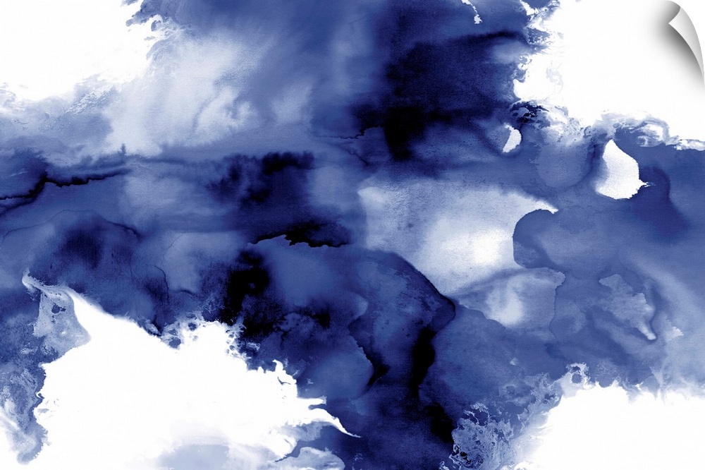 Abstract watercolor painting with indigo splotches on a white background.