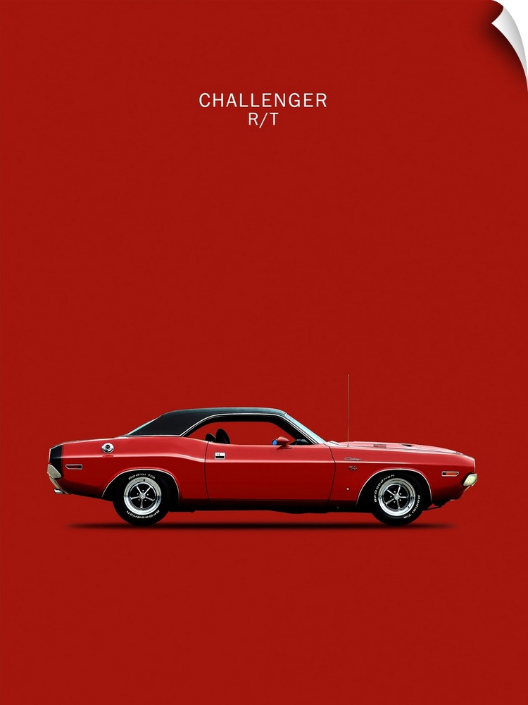 Photograph of a dark red Dodge Challenger R-T 1970 with a black hood printed on a red background