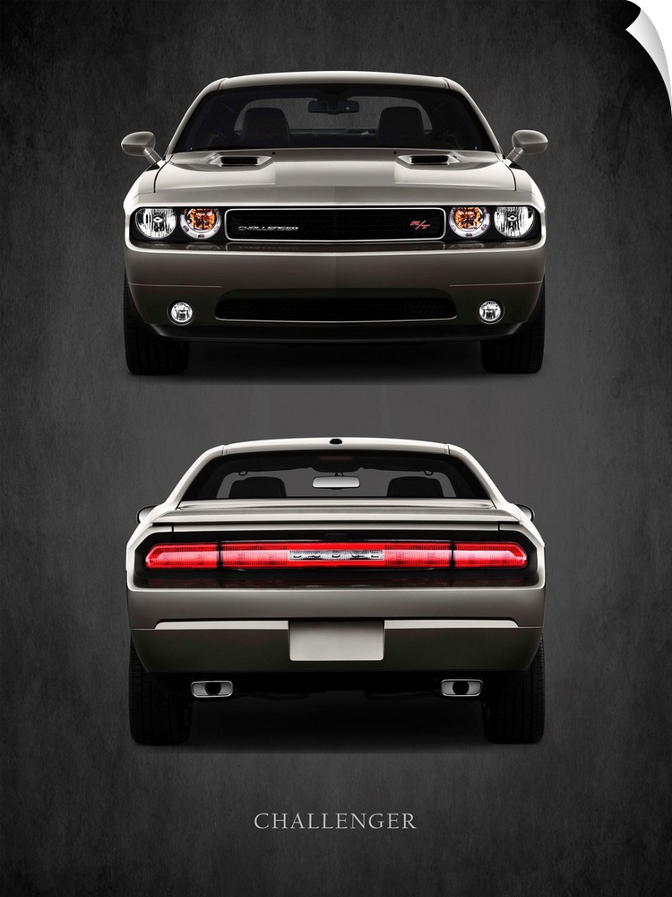Photograph of a charcoal Dodge Challenger RT printed on a black background with a dark vignette.